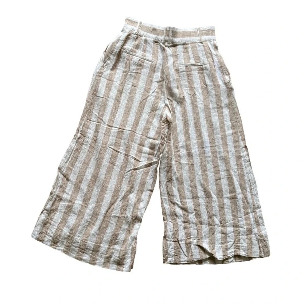 H&M Striped Wide Leg Culotte Pants Womens 4 Beige White Linen Blend High Rise